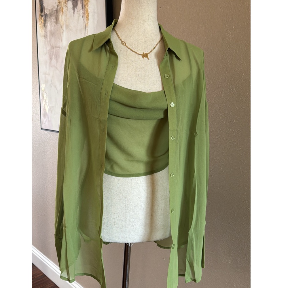Chic Lime Green Sheer Blouse Set - Picture 6 of 14